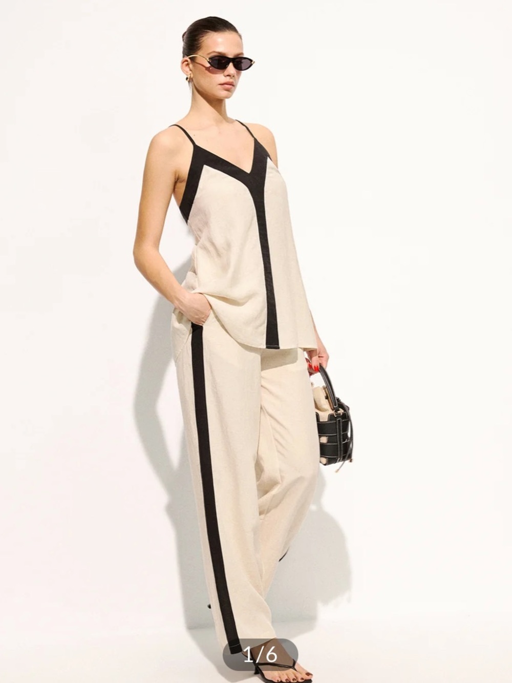 Commense Cream Wide-Leg Pants with Black Side Stripe